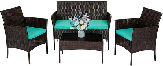 FDW | 4-Piece Patio Furniture Set | Brown & Blue | Outdoor Wicker Furniture with Coffee Table | Modern Rattan Chairs Conversation Set | Outdoor Seating | Weather-Resistant | for Porch, Garden, Lawn