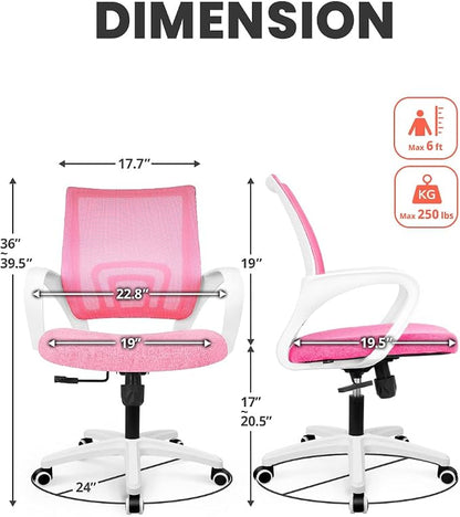 NEO CHAIR Office Desk Computer Chair Ergonomic Mesh Gaming Cushion Seat with Comfy Lumbar Mid Back Support Adjustable Height Swivel Rolling Wheels for Home Task (Pink)