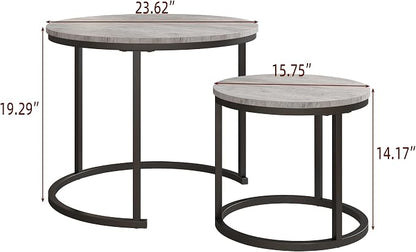 HOJINLINERO Round Coffee Table,Nesting Coffee Table Set of 2,Center Tables for Living Room,Office, Home Small Space,Stacking Side Tables,Sturdy and Easy Assembly,Wood Desktop,Black+Grey,Small