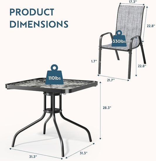 Arlopu 5 Piece Outdoor Patio Dining Set (Umbrella not Included), Porch Furniture with 4 Textline Chairs, 1 Square Glass Table for Garden, Backyard and Poolside, Lawn (Grey)