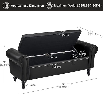 Furniliving 55” End of Bed Bench, Bedroom Bench with Button-Tufted, Large Upholstered Storage Ottoman Entryway Bench with Storage Shoe Cabinet Bench, for Bedroom, PU, Black