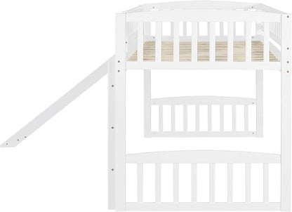 Twin Size Loft Bed, Wood Loft Bed with Slide and Ladder, White
