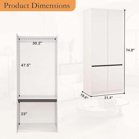 Armoire Wardrobe Closet with Doors: 75" White Large Wardrobe Closet with 2 Doors, Clothes Cabinets for Bedroom Armoires with Storage, Wood Wardrobes Closets for Hanging Clothes (C-Style, 31.5")