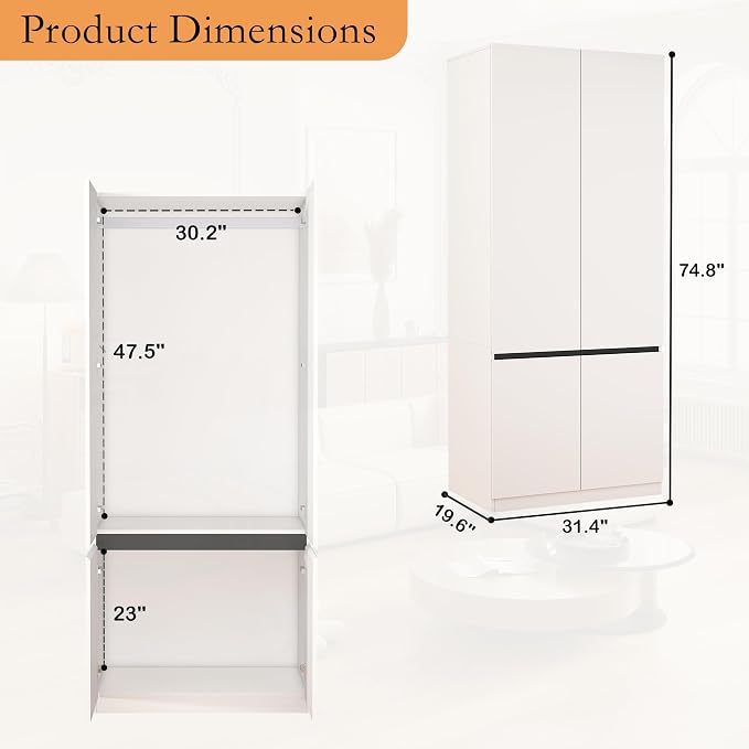 Armoire Wardrobe Closet with Doors: 75" White Large Wardrobe Closet with 4 Doors, Clothes Cabinets for Bedroom Armoires with Storage, Wood Wardrobes Closets for Hanging Clothes (C+C, 63")