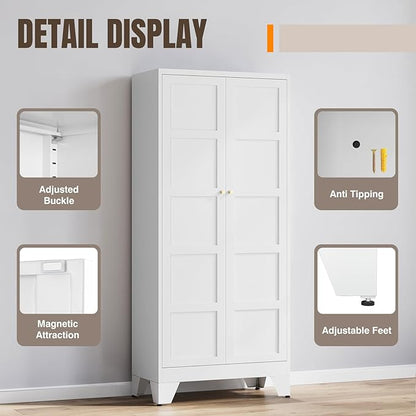 Yizosh Metal Storage Cabinet with 2 Doors and 4 Adjustable Shelves,- 72" White Kitchen Pantry Storage Cabinet for Kitchen,Living Room,Dining Room