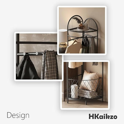 HKaikzo Corner Hall Tree, Coat Rack with 6 Metal Movable Hooks and Storage Basket Coat Rack Design Clothing Rack for Bedroom Entryway Hallway