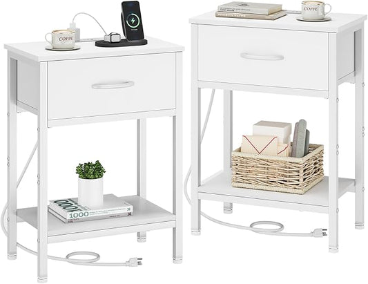 Vagusicc White Nightstand Set of 2 with Charging Station, Bed Side Table with Fabric Drawer, Small End Table with 2-Tier Storage Shelves, 25.4" Tall Bedside Table, Night Stand for Bedroom, Living Room