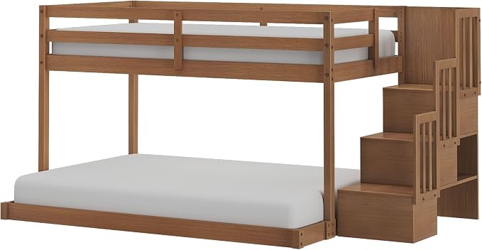 Grain & Grove Bear Twin Over Full Low Bunk Bed with Staircase, Solid Guardrails, Reversible Stairs, Engineered Wood, Oak Embossed Pecan