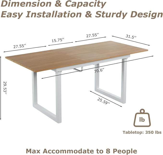 Extendable Dining Table for 4-8 People,70.86''Modern Space-Saving Kitchen Table with Metal Legs,Rectangle Folding Conference Meeting Table for Living Meeting Room Kitchen,Oak