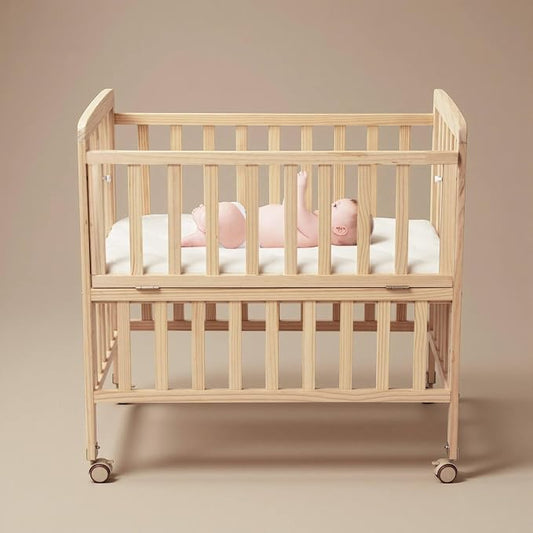 Flwrgirl Convertible Mini Baby Crib - Portable Bedside Bassinet with Mattress Included,3 Heights Baby Crib with Wheels for Small Room and Newborns 0-12 Months,Unpainted