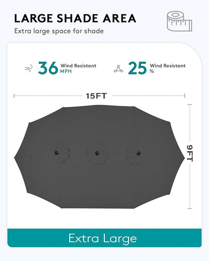 SERWALL HDPE Patio Furniture Set with 15FT Double Side Patio Umbrella, All Weather Wood-Like Outdoor Sofa Sectional Couch, Black Patio Furniture with Khaki Cushions