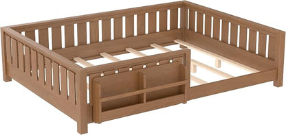 Bellemave Natural Montessori Floor Bed with Fence and Slats, Queen Size Montessori Floor Bed with Bookcase and High Rails, Easy Assemble Bed Frame for Girls, Boys, Queen