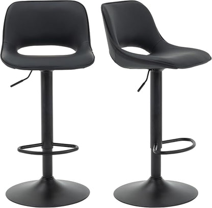 YOUNIKE Black Bar Stools Set of 2 Compact Modern Swivel Barstools, Adjustable Counter Height Bar Stools Faux Leather Upholstered Bar Stool with Hollow Back for Kitchen Island