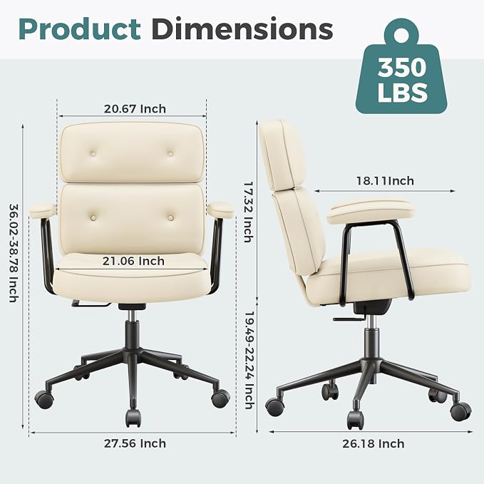 OLIXIS Ergonomic Home Office Desk Chair, PU Leather Computer Chair with Lumbar Support Adjustable Height Rolling Swivel Executive Task Armrests, Off-White