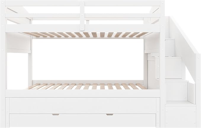 RUNNA Twin XL Bunk Bed with Trundle,Storage Stairs,Kids Bedroom,White | Twin XL bunk bed with trundle, storage stairs, solid wood frame, guardrails, no box spring needed, white, space saving