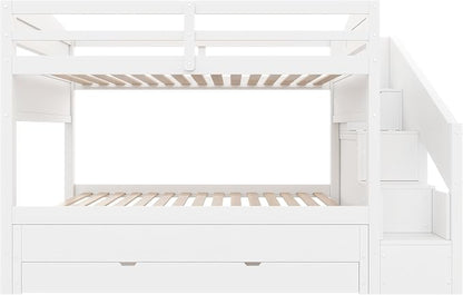 RUNNA Twin XL Bunk Bed with Trundle,Storage Stairs,Kids Bedroom,White | Twin XL bunk bed with trundle, storage stairs, solid wood frame, guardrails, no box spring needed, white, space saving