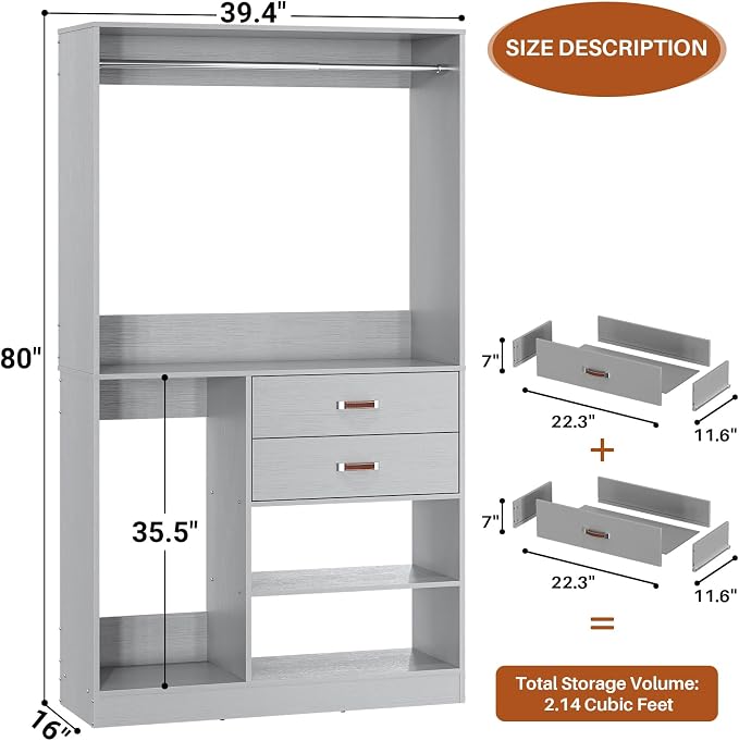 Armocity Closet System with Suitcase Storage, 40 Inches Stand-alone Wardrobe with 2 Wood Drawers, 80'' Height Adjustable Cloth Garment Rack, Walk-in Closet with Hanging Rod, Grey