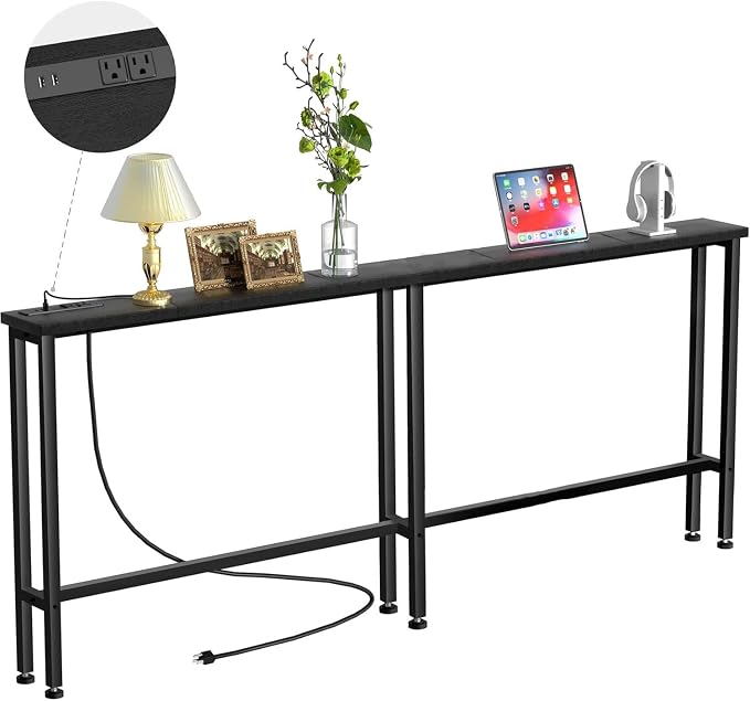 Keelian 63" Sofa Table Narrow Long with Power Outlets & 2 USB Ports, Metal Frame,Behind Couch Table Behind Sofa for Living Room, Hallway, Entrance- Easy Assembly, 4.9' Extension Cord Included.