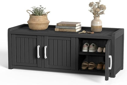 DRATO Outdoor Shoe Storage Cabinet, Waterproof Resin Shoe Storage Bench, Large Shoes Rack Cabinet with 3 Doors for Outdoor Indoor Entryway Hallway Corner Bedroom Porch (Black, 3 Doors)