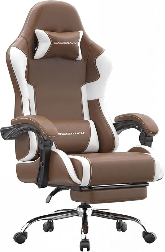 Dowinx Ergonomic Gaming Chair with Footrest & Massage Lumbar, 2D-Linkage Armrests for Computer Chair 330lbs with Headrest Pillow for Office, Home, Streaming and Long Gaming Sessions, Fabric Brown