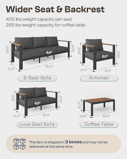 Aluminum Outdoor Patio Furniture, 3 Seats All-Weather Outdoor Patio Sofa with Washable Thick Cushion, Patio Sofa Couch for Porch, Balcony, Deck, Yard, Graphite