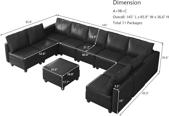 EASE MOOSE Faux Leather Sectional Sofa, Modular Sectional Sofa Couch U Shaped Couch with Storage Ottoman, Black
