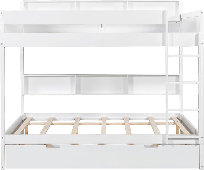 Harper & Bright Designs Rustic Wood Bunk Bed with Pull-Out Trundle, Full Over Full Wooden Bunk Bed with Large Cabinet Beside Upper and Down Bed, White