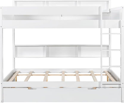 Harper & Bright Designs Rustic Wood Bunk Bed with Pull-Out Trundle, Full Over Full Wooden Bunk Bed with Large Cabinet Beside Upper and Down Bed, White