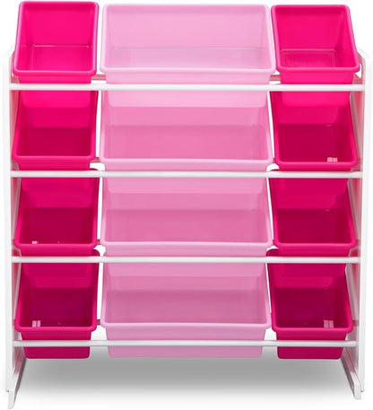 Delta Children Kids Toy Storage Organizer with 12 Plastic Bins - Greenguard Gold Certified, White/Pink