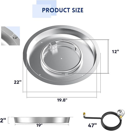 Skyflame 19" Round Stainless Steel Fire Pit Drop-in Burner Kit with Flame Sensing, Electronic Spark Ignition, Propane Regulator Connector Hose Set for Propane Tank
