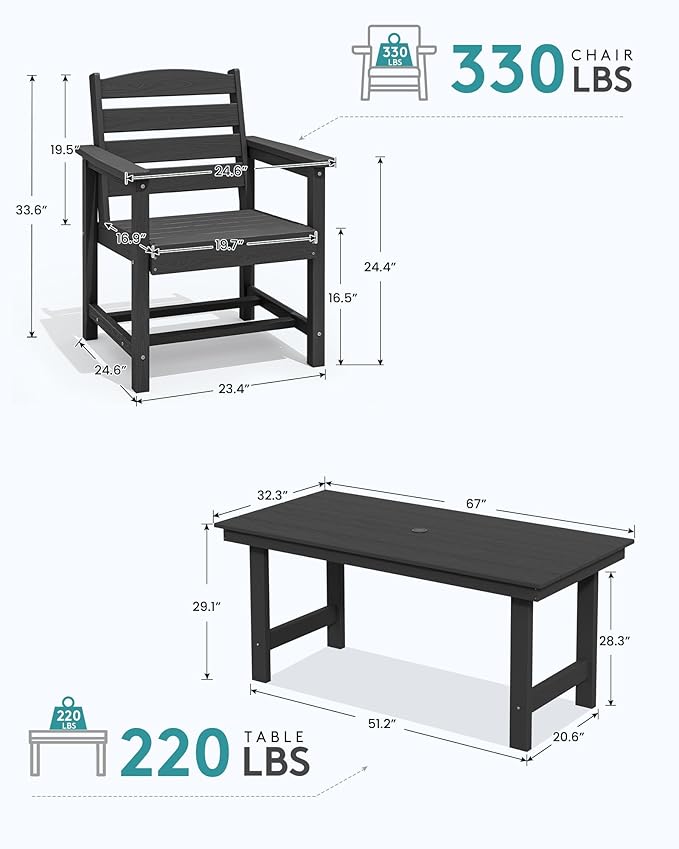 SERWALL Patio Dining Table and Bench Set for 6, Black