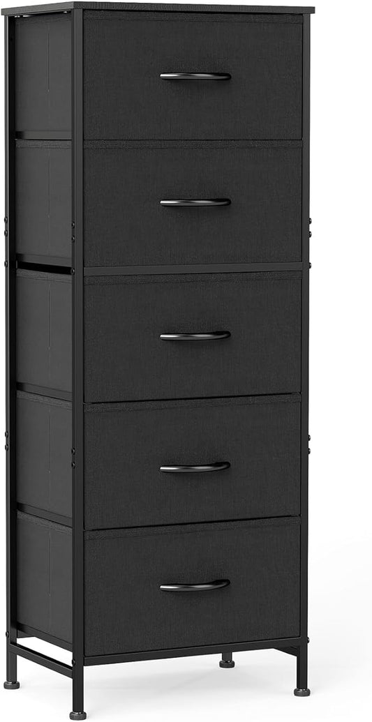DUMOS Nightstand with 5 Drawers, Bedside Table with Removable Fabric Bins, Sturdy Steel Frame Wood Top Skinny Dresser for Bedroom Closet Living Room, Black