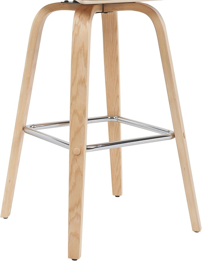 Vienna Modern Swivel Bar Height Stool with White Faux Leather Seat and Patterned Oak Wood Frame Set of 3