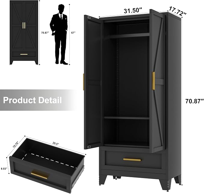 Baborokic Metal Wardrobe Cabinet,71 Armoire Wardrobe Closet with Drawers and Hanging Rod,Metal Armoire with Adjustable Shelves for Closet,Bedroom,Farmhouse Storage Cabinet with Drawer(Black)