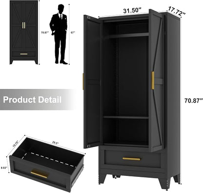 Baborokic Metal Wardrobe Cabinet,71 Armoire Wardrobe Closet with Drawers and Hanging Rod,Metal Armoire with Adjustable Shelves for Closet,Bedroom,Farmhouse Storage Cabinet with Drawer(Black)
