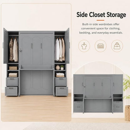 Queen Murphy Bed with Desk, Wall Bed Cabinet with Storage Shelves, Enclosed Cabinets and Hidden Foldout Workstation, Folding Cabinet Bed, Space Saving Bed for Guest Room, Home Office (Gray)