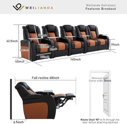 Weilianda Home Theater Seating Top Grain Leather Zero Gravity Recliner Chair Power Headrest Recline Movie Seat Gaming 7 Colors Mood Light Sofa with Tray Table Row of 5 Loveseat Right Black Camel