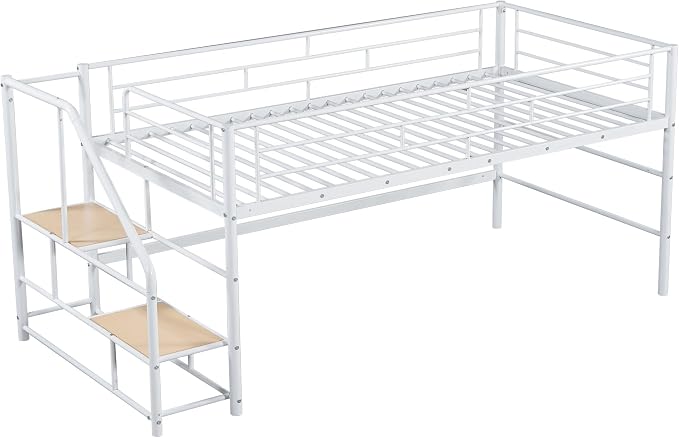 Twin Size Low Loft Bed for Kids,Metal Loft Bed Frame with Stair for Boys Girls,Kids Loft Bed Twin Size with Storage Steps,White