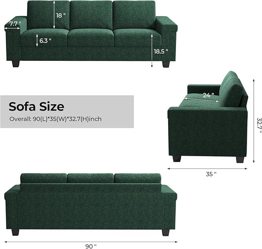 COPIAE 3 Seater Sofa Couch with Deep Seat, 90" Modern Upholstered Sofa with Armrests, Easy Installation, Comfy Couches for Living Room, Apartment, Green