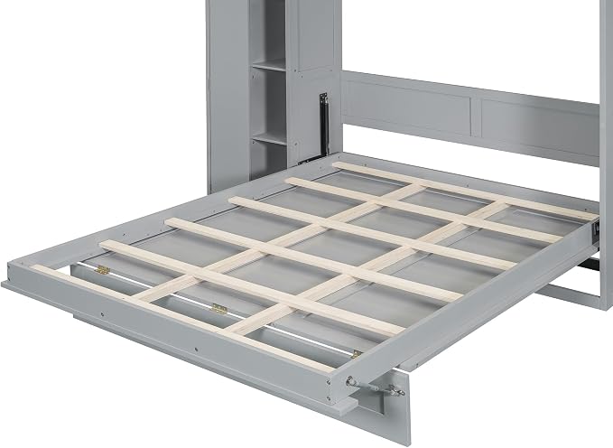 Merax Full Size Murphy Bed Wall Bed with Shelves, Drawers and LED Lights,Gray