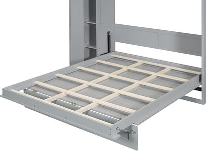 Merax Full Size Murphy Bed Wall Bed with Shelves, Drawers and LED Lights,Gray