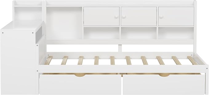 Bellemave Full Corner Bed Frame, Full Size Corner Beds with Storage Cabinets and Desk, Wood Daybed with Bookcase and Drawers, White