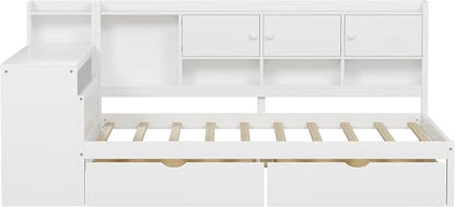 Bellemave Full Corner Bed Frame, Full Size Corner Beds with Storage Cabinets and Desk, Wood Daybed with Bookcase and Drawers, White