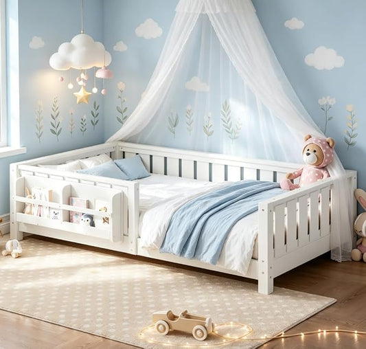 Bellemave Twin Floor Bed with high Rails and with Built-in Bookshelf for Kids, Girls, Boys, Wood Montessori Floor Bed Without Door, White