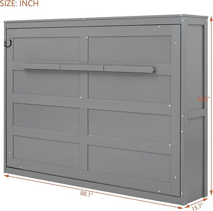 Merax Modern Farmhouse Solid Wood Murphy Bed Chest | Wall Bed with Wood Slat Support/ No Box Spring Needed/ Space Saving/ Queen,Gray