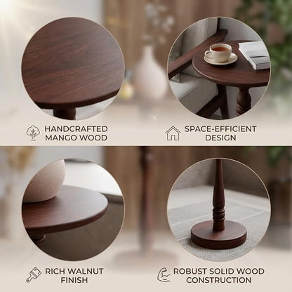 Relso Stambha Solid Wood Drink Table – 24" Tall Round Accent Side Table for Living Room or Bedroom, Narrow End Table or Indoor Plant Stand, Walnut Finish, Handcrafted Mango Wood Furniture