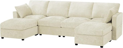 110” Chenille 4-Seats Sofa W/Two Movable Ottomans, Beige | Modern Fabric U-Shaped Couch w/Soft Backrests, Upholstered Sectional Sofa w/Arm Pillows for Living Room, Office