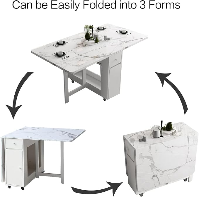 FUNROLUX Folding Dining Table with Rack and 2 Storage Drawers, Movable Extendable Space Saving Kitchen Table in 3 Forms (White)