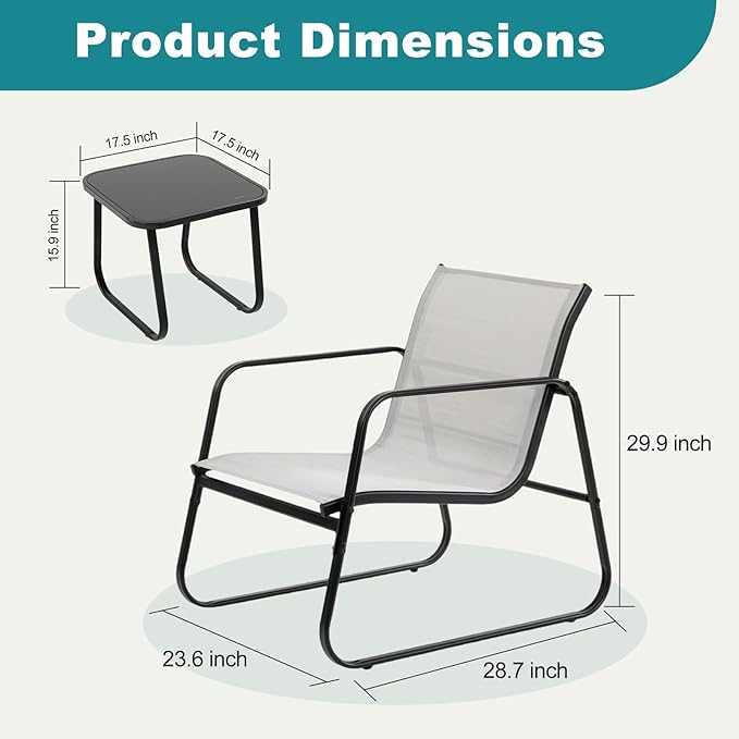 DUMOS 3 Piece Patio Furniture Set, Outdoor Patio Furniture Set with Table and Chairs, Sectional Bistro Sets for Lawn, Garden, Balcony, Pool, Poolside Gray