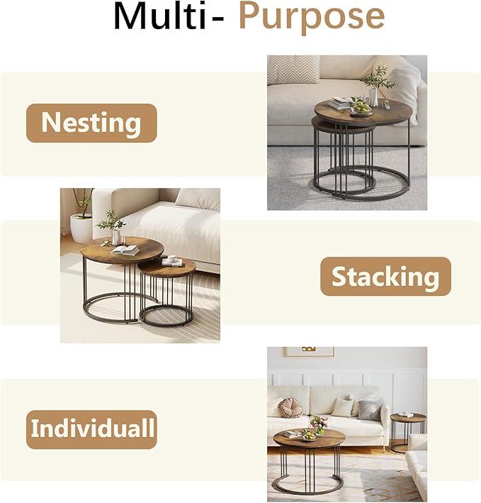 Garden 4 you Nesting Coffee Table, 23.6" Round Coffee Table Set of 2, Wooden Nesting Table with Metal Frame, Ceter Tables for Living Room Bedroom Balcony, Rustic Brown